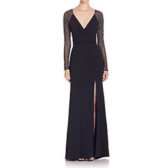 Pamella Roland Navy Beaded Mesh Sleeve Formal Gown Size 4